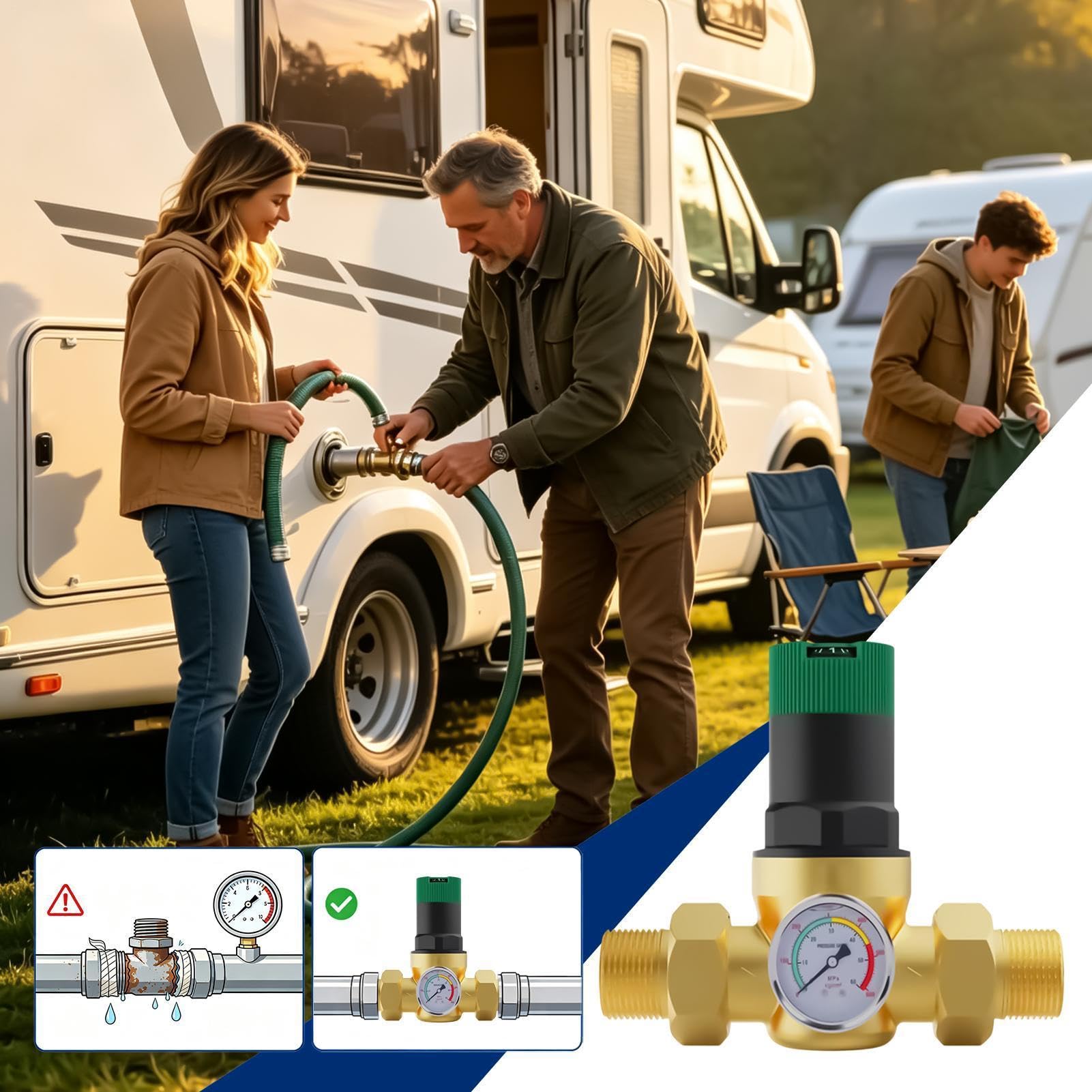 Riduttore di pressione 'acqua ricambio in pesante con manometro | Valvola Riduzione per Acqua Rubinetto per camper, roulotte, viaggi, campeggio, esterno, giardino, casa