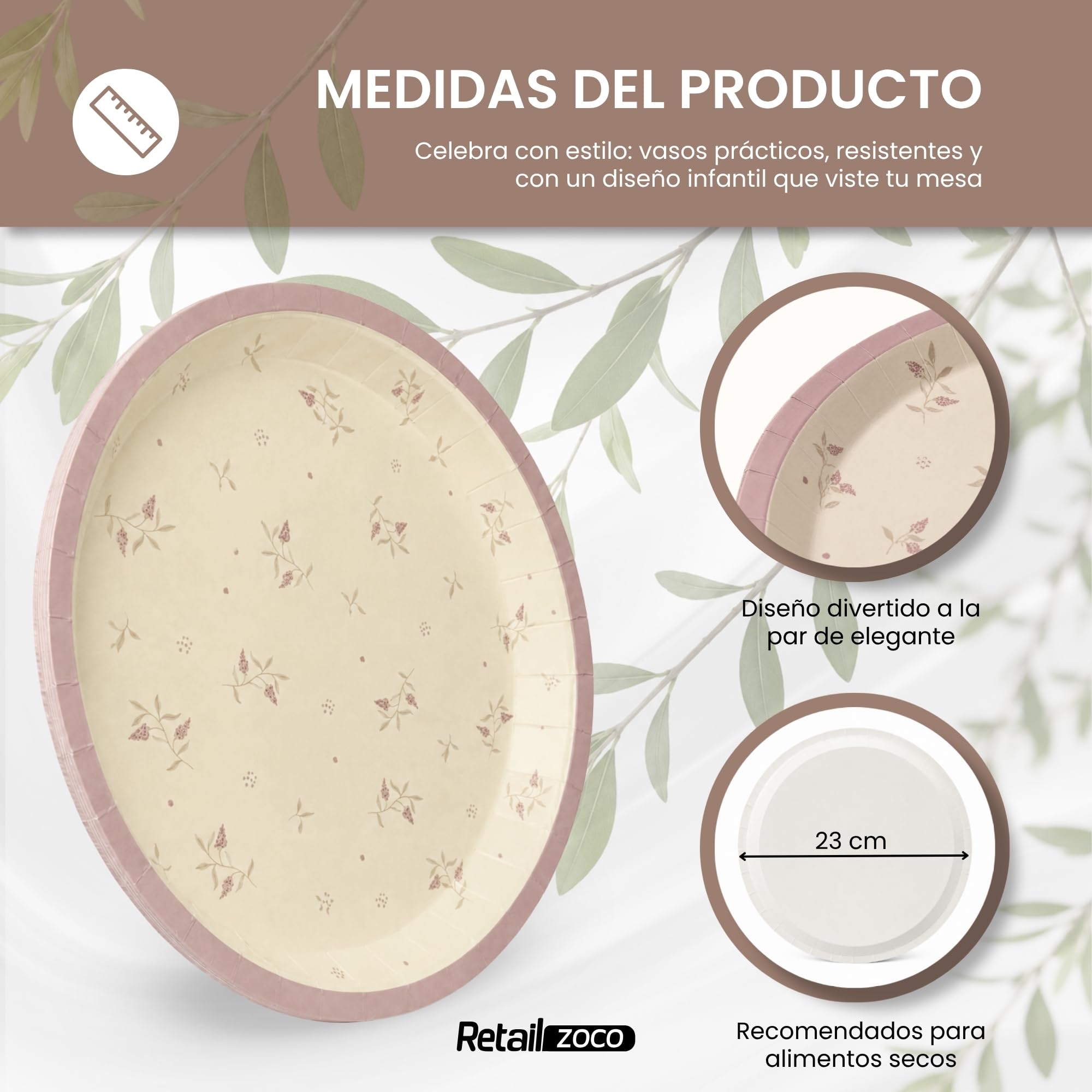 Platos de cartón, Platos Desechables cartón, Diseño Flores Rosa, 6 Unidades - imagen 4