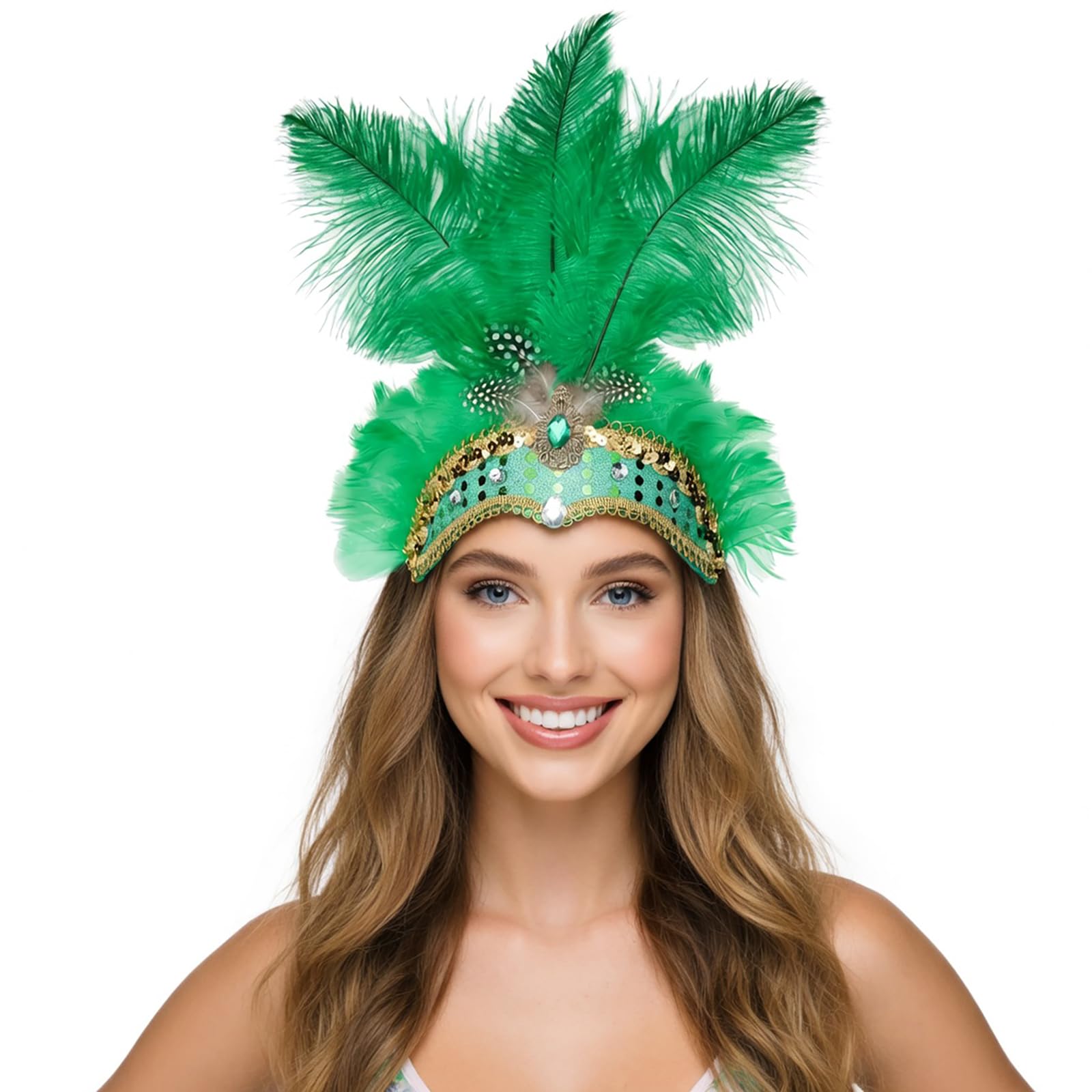 NUXMAW Showgirl Feather Headpiece Carnival Headband Vegas Costume Accessories Rio Mardi Gras Party (Green)