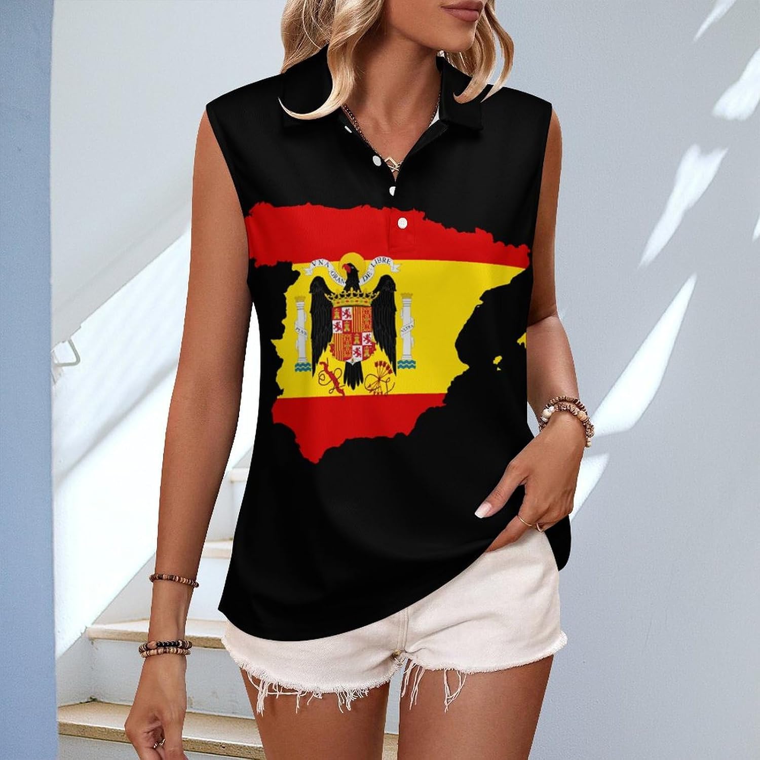 Flag Map of Spain Women's Sleeveless Polo Tank Top Print T-Shirt Tops Casual Tops Summer Workout