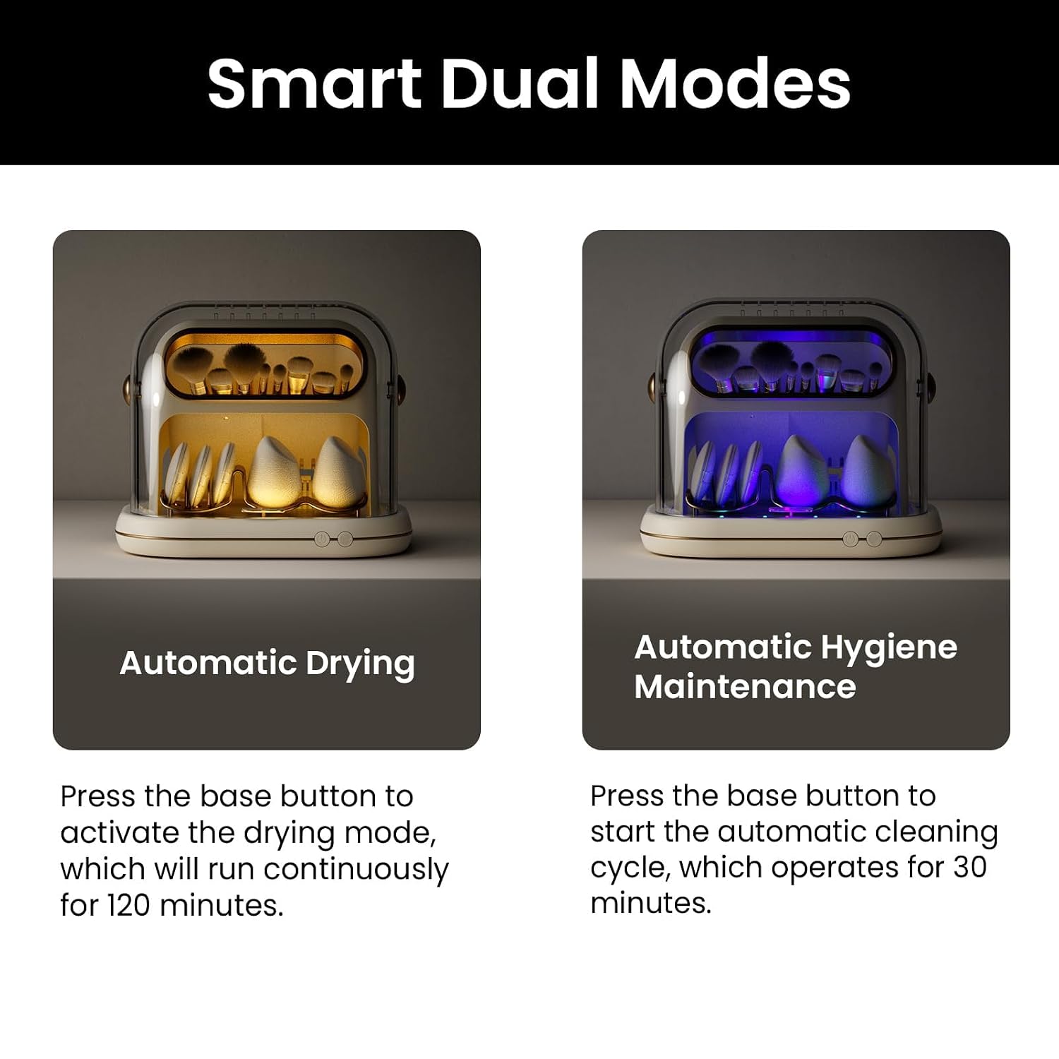 Electric Makeup Brush Dryer & Storage – 3‑in‑1 Auto‑Drying, Timed Cleaning, and Dust‑Proof Case for All Brush Sizes & Sponges
