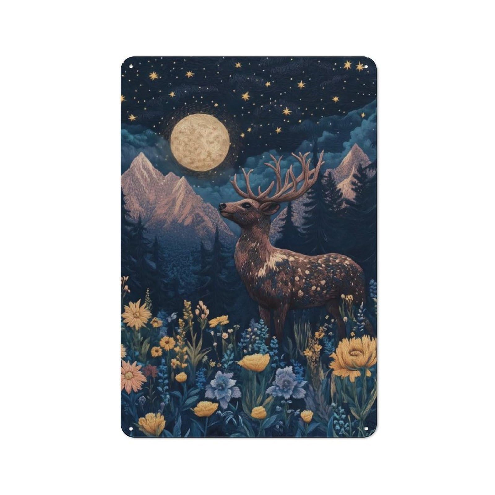 Junmoney Night Deer In The Mountains Rustic Metal Plaque 30X20cm For Lounge Or Reading Corner, For Home Office, Studio And Craft Room Walls