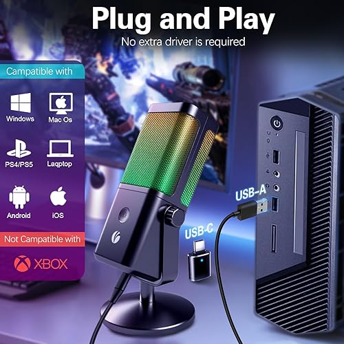 Miniatura 9 de VCOM Micrófono USB para PC, micrófono RGB para juegos con botón de silencio, control de ganancia, auriculares de monitoreo Jack de 0.138 in,