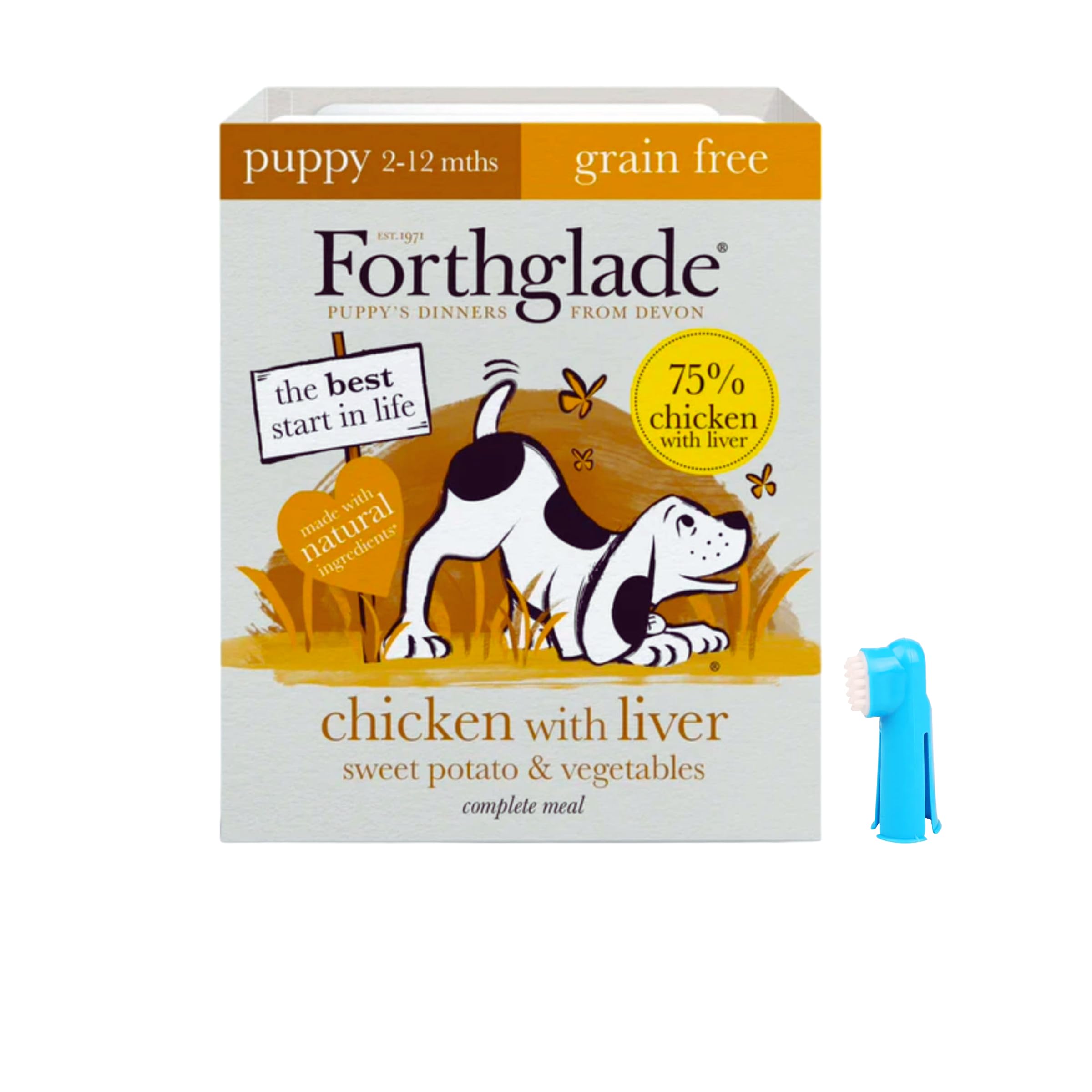 Forthglade Puppy Complete Grain Free Chicken with Liver & Vegetables Trays 18 x 395g & Buddy's Dog Brush