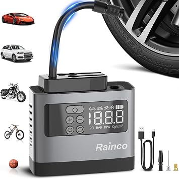 Rainco Mini Tire Inflator Portable Air Compressor with LED Light,Bike Air Pump Mini Car Tire Pump with Digital Pressure Gauge