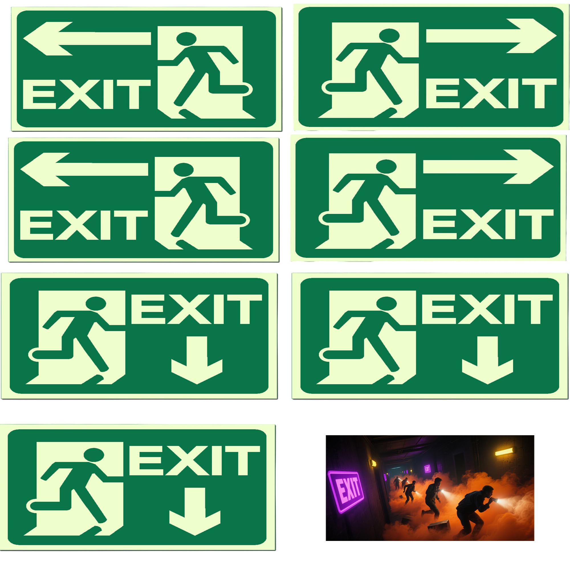 SUQ 7PCS Señal de salida de emergencia, película reflectante fotoluminescente "izquierda", "derecha" e "inferior", diseño autoadhesivo, señales de ruta de escape, no se requiere perforación