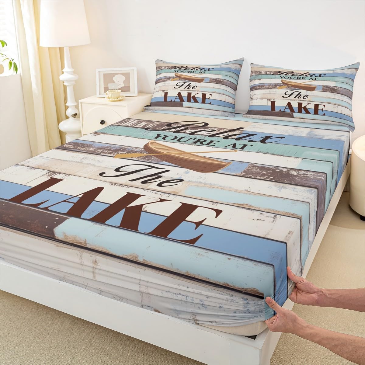 Lake Life Fitted Sheet Queen Size Kids Camping Bedding Set for Boys Teens Rustic Wooden Bed Sheet Set Breathable Paddle Bed Cover Room Decor Farmhouse Decor