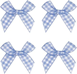 VIVIQUEN Gingham Craft Ribbon Bows Mini 42mm x 39mm Checkered Ribbon Flowers Appliques for Sewing, Gift, DIY Craft, Wedding Decoration Ornament (Light Blue, Small Size)