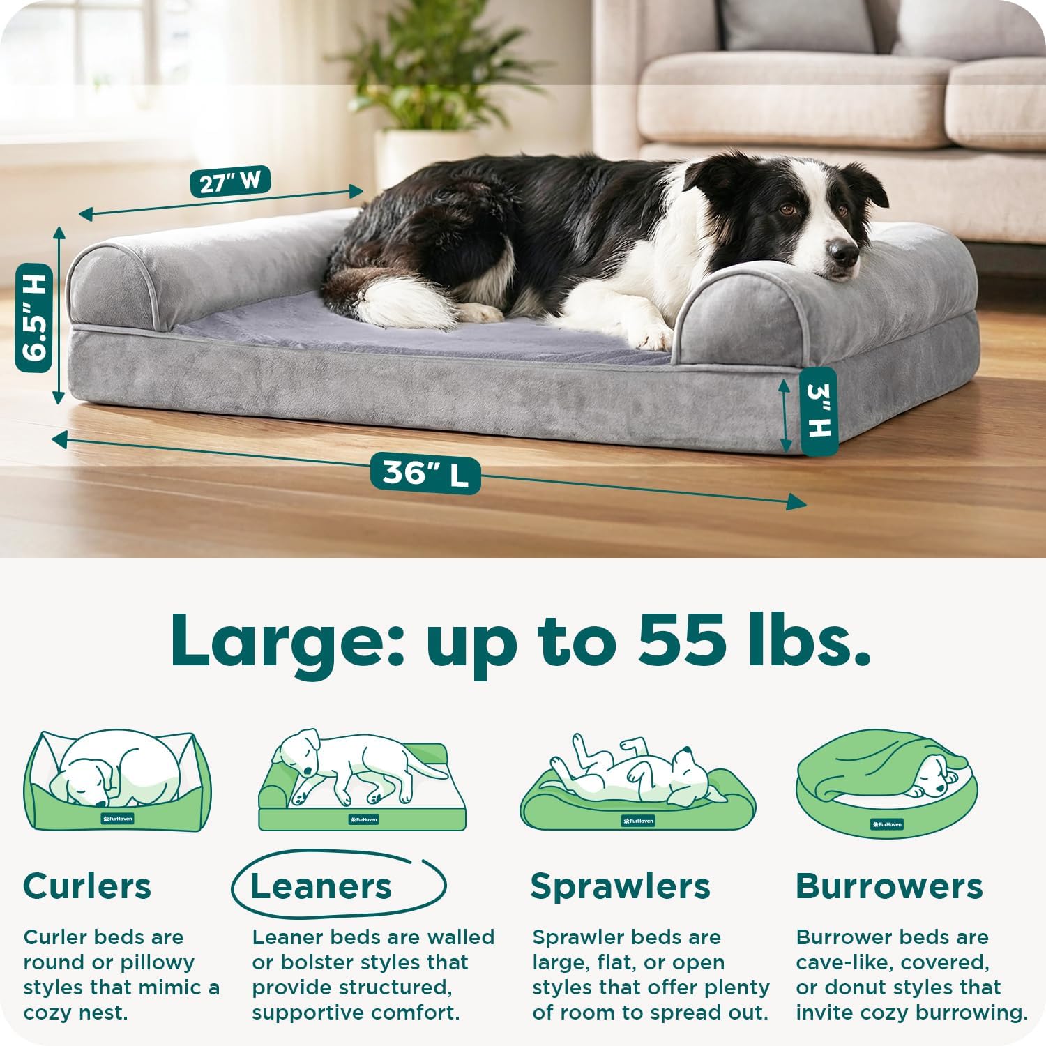Furhaven Orthopedic Dog Bed for Large/Medium Dogs w/ Removable Bolsters & Washable Cover, For Dogs Up to 55 lbs - Faux Fur & Velvet Sofa - Smoke Gray, Large