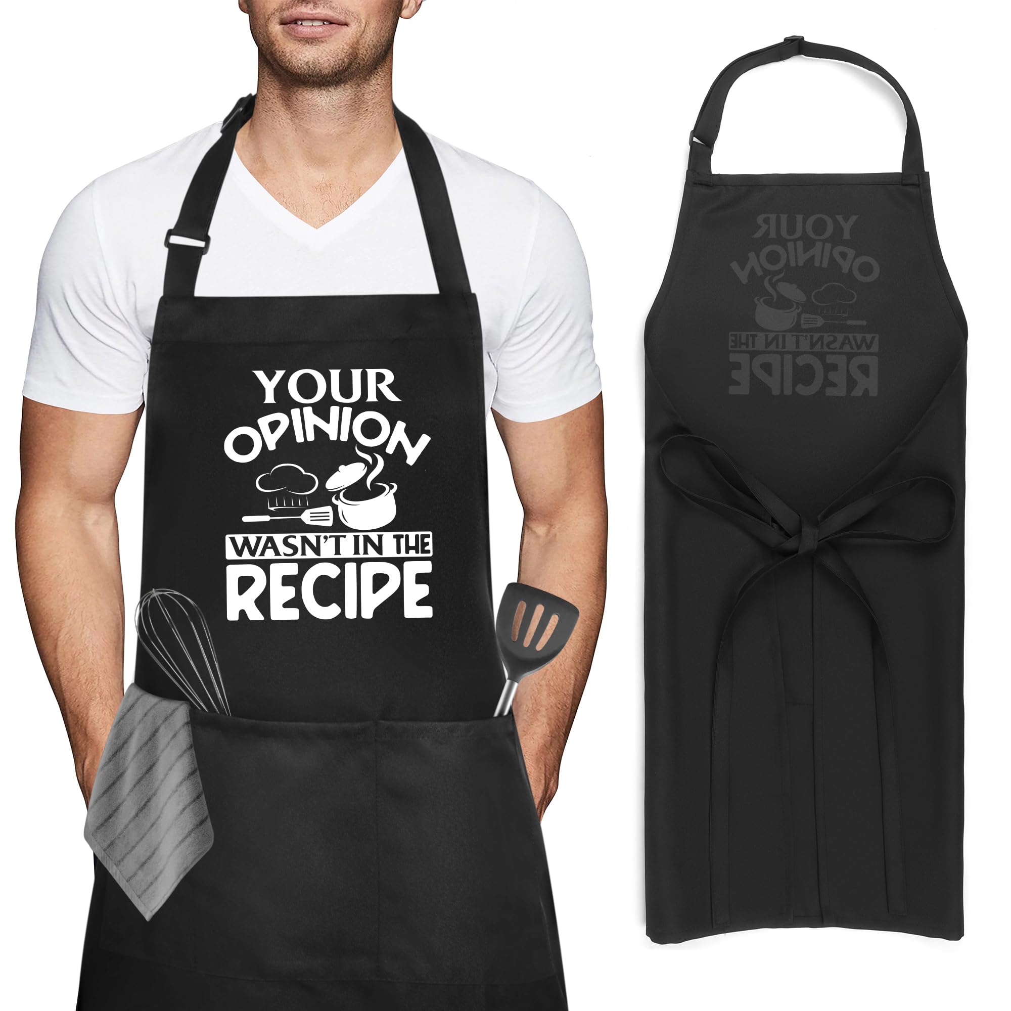Iridsmole Divertidos delantales de cocina para hombres, "You Opinion WASN'T IN THE RECIPE", delantales divertidos para barbacoa para mujeres con bolsillos, regalo ideal de Navidad para hombres, marido