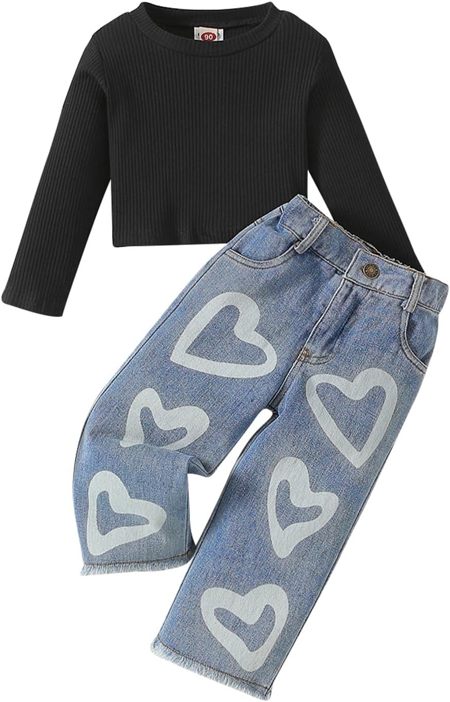 Toddler Girls Clothes 2T 3T 4T 5T 6T Ribbed Baby Kids Girl Denim Outfits Long Sleeve Tops Love Hearts Jeans Pant