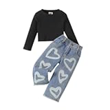 Toddler Girls Clothes 2T 3T 4T 5T 6T Ribbed Baby Kids Girl Denim Outfits Long Sleeve Tops Love Hearts Jeans Pant
