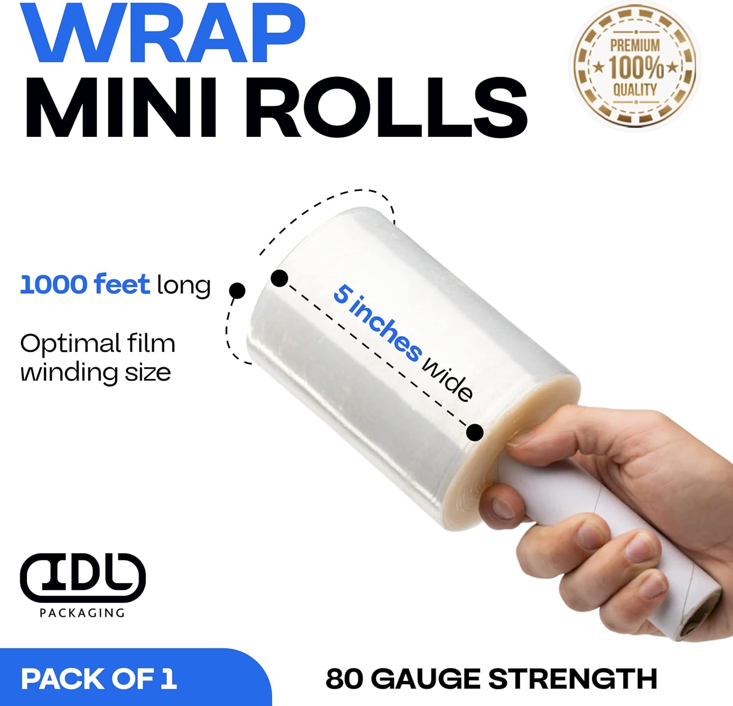 IDL Packaging 5" x 1000' Stretch Wrap Mini Roll, 80 Ga - USA-Made