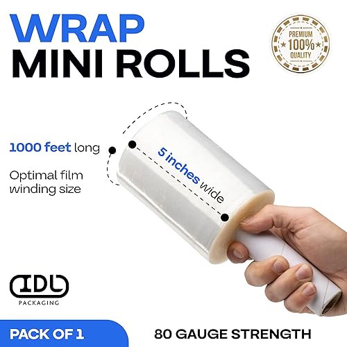 Vista 24 de IDL Packaging Mini rollo elástico de 5 pulgadas, 700 pies, calibre 120 (paquete de 4) con un mango de cartón extendido, envoltura de plástico