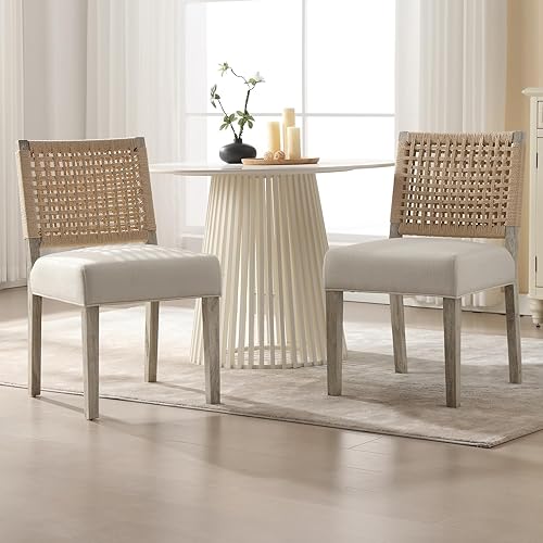 Miniatura 12 de Juego de 4 sillas de comedor estilo granja tapizadas de tela de lino, sillas de cocina y comedor modernas de mediados de siglo con respaldo de Parte