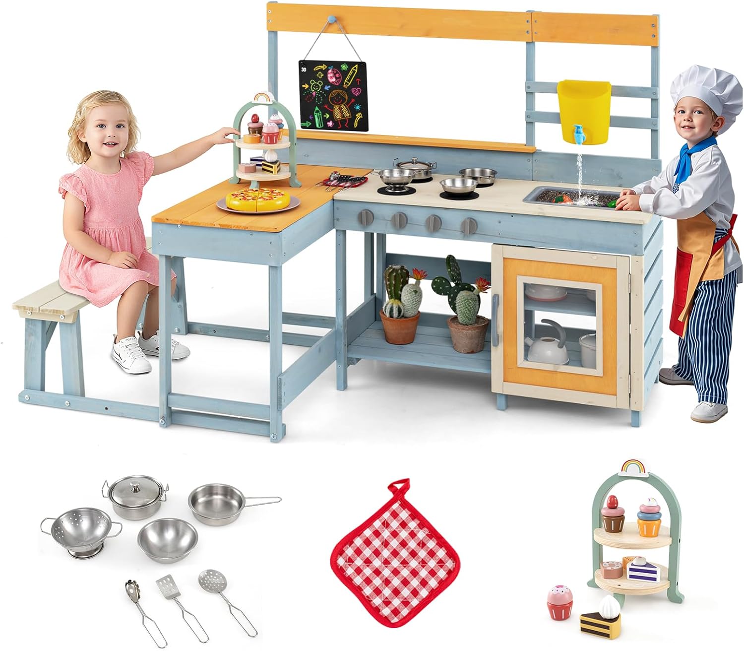 Costzon 2-in-1 Mud Kitchen & Kids Picnic Table, Fir Wood Kids Kitchen Playset with Seat, Wooden Tea Party Set, Cooking Accessories, Blackboard, Outdoor Play Kitchen, Gift for Girls Boys Ages 3+