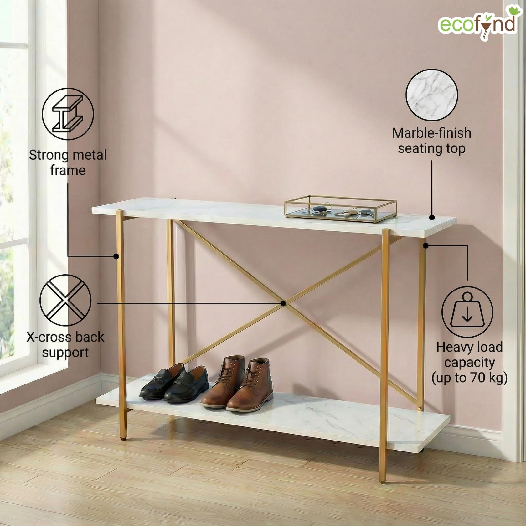 ecofynd Elix 2-Tier Storage Bench for Entryway, Stable Shoe Organizer Living Room, Entry Footwear Rack Holds Up to 70 Kg, Strong, Non-Slip Feet, X-Cross Brace at Back, 47"X 9"X 28" White & Gold 1