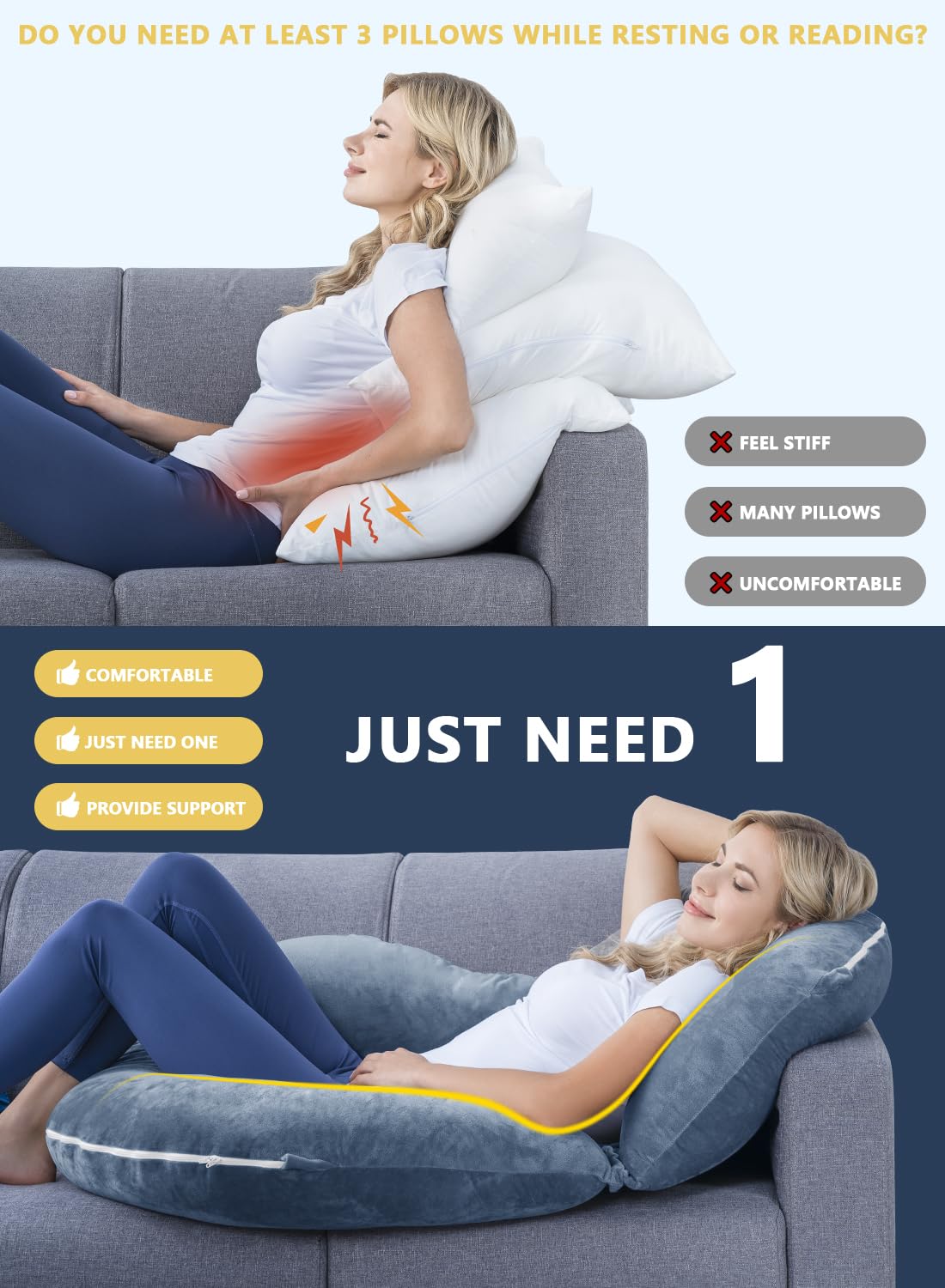 INSEN Lesekissen, Rückenkissen zum Sitzen im Bett zum Lesen, Krankenschwester & Entspannen, Lesekissen für Erwachsene, Mütter & Kinder, Sit-Up-Kissen für Bett, Blau