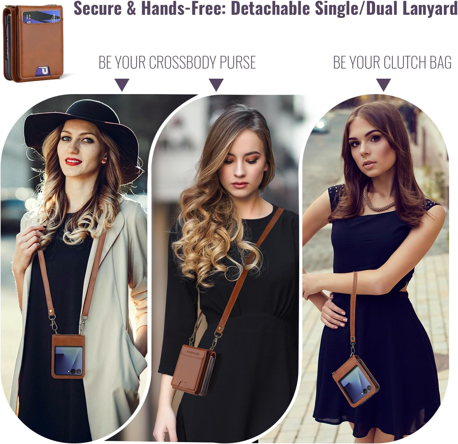 ASAPDOS for Samsung Galaxy Z Flip 7 PU Leather Wallet Phone Case with Card Slots (Holds 5-7 Cards), Anti-Drop Protection, Wrist & Shoulder Strap Brown