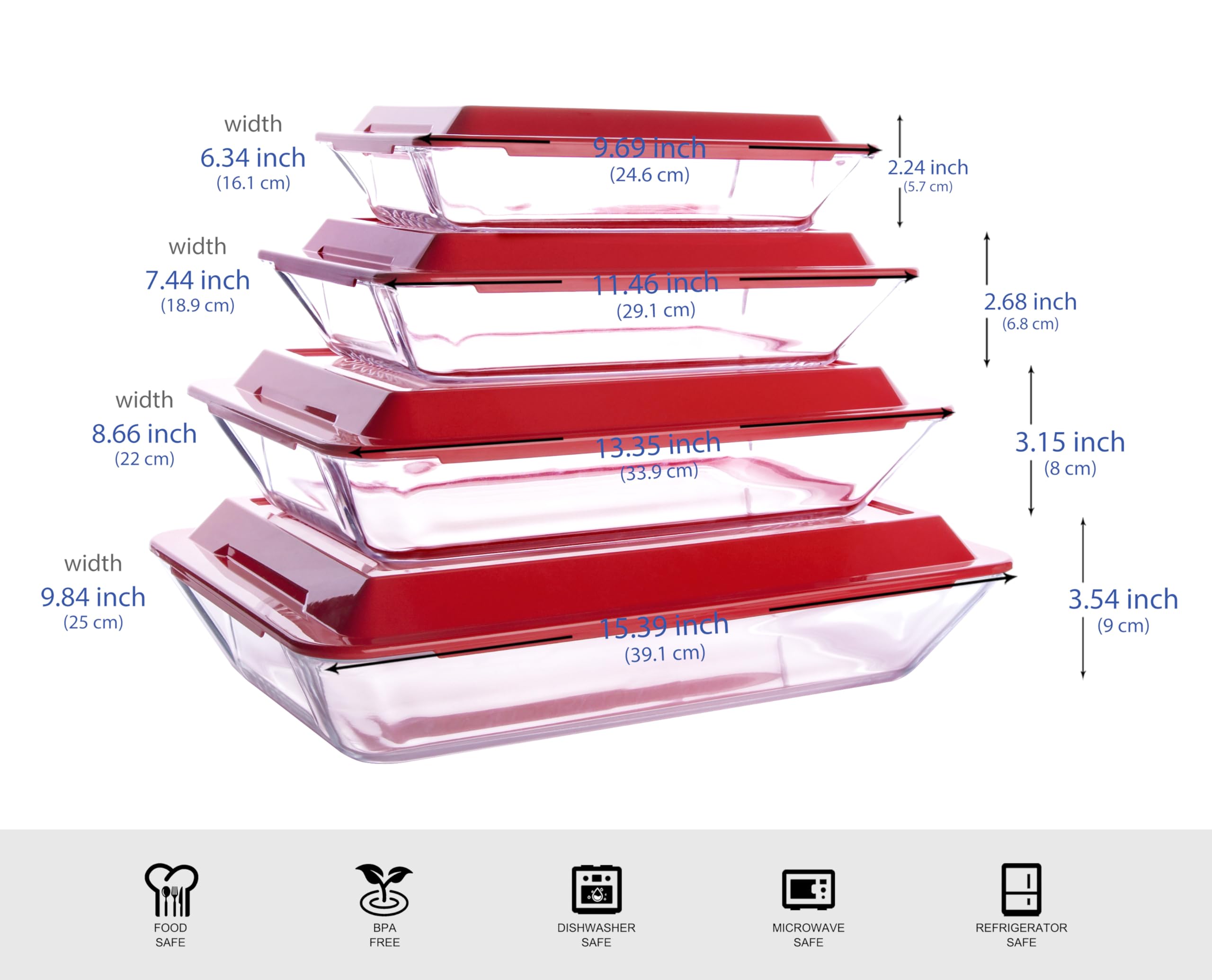 HUSANMP Set of 8 PCS Nesting Tempered Glass Bakeware Set, 4x Glass Baking Dishes and 4x BPA Free Lids. Oven, Refrigerator and Dishwasher Safe.