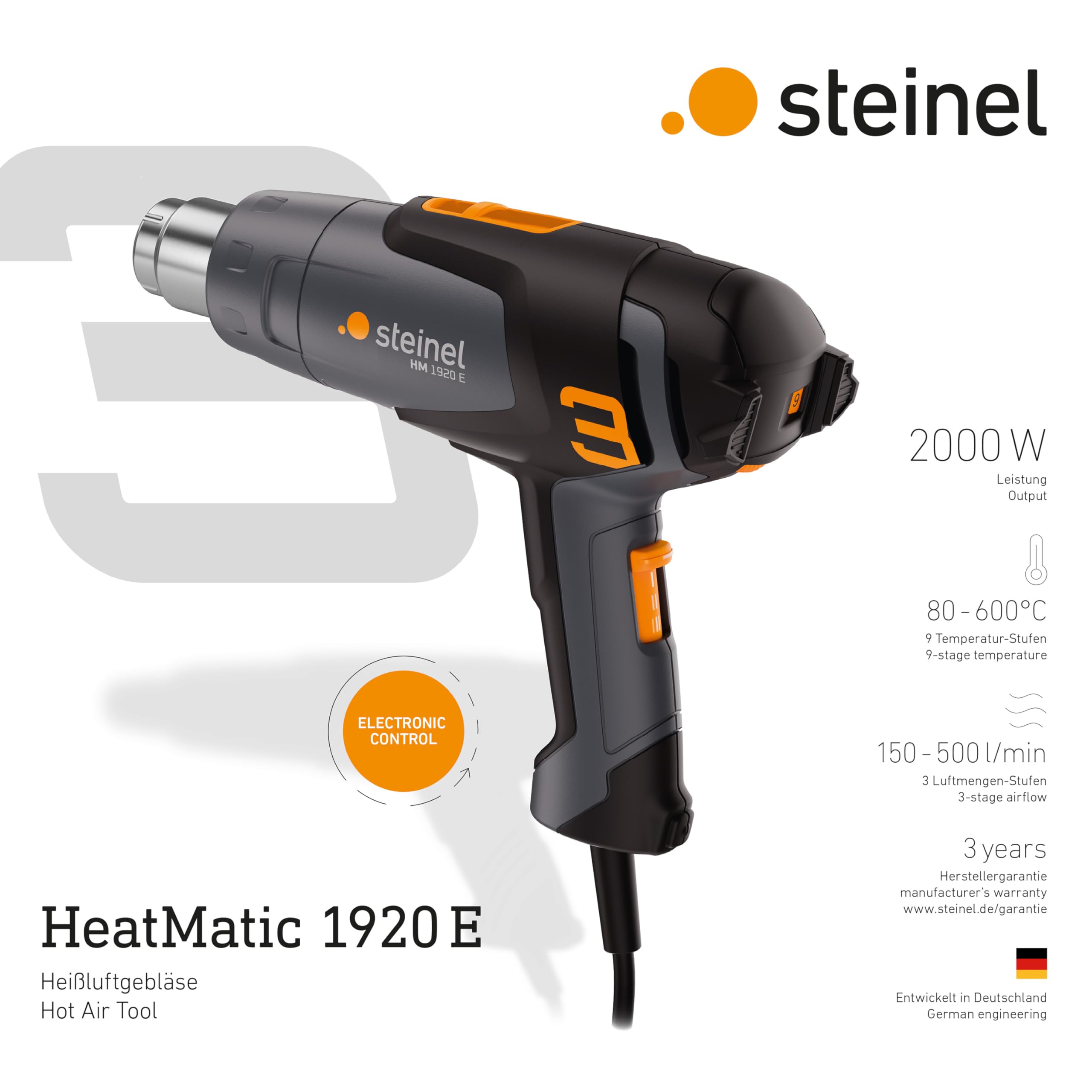 Steinel Heißluftpistole HM 1920 E, 2000 W Heißluftfön, 80°-600°C, Keramikheizung, Heißluftgebläse zum Schrumpfen, Folieren, Kunststoff-Schweißen