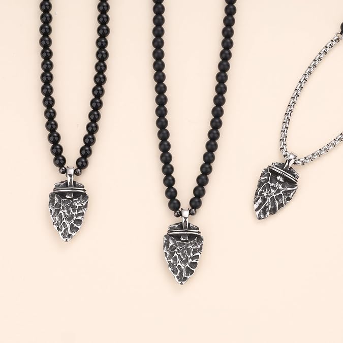 COAI Arrowhead Pendant Necklace Stone Beaded Necklace Onyx Necklace for Men