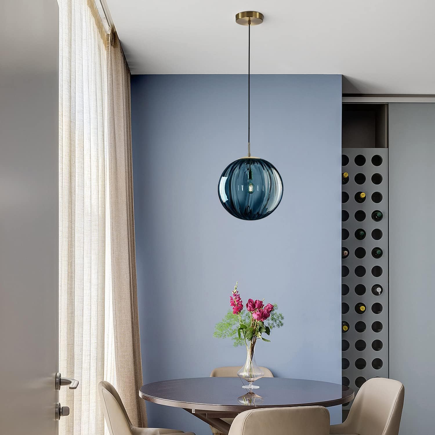 KCO Moderne Moderne Pendelleuchte Esstisch Glaskugel – Farbglas-Serie in Blau,Hängeleuchte Ø 25 cm – Höhenverstellbar mit E27-Fassung
