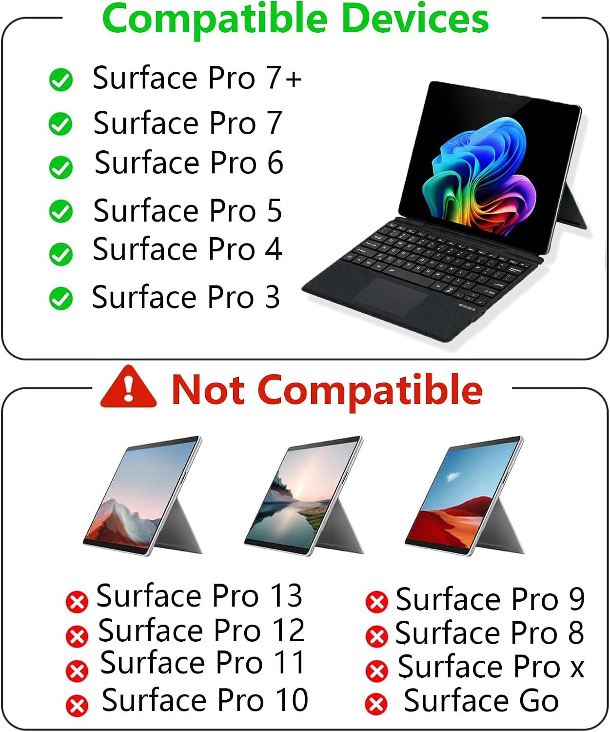 QUARK Surface Pro 7 Keyboard,Ultra-Slim Type Cover for Microsoft Surface Pro 7+/6/5/4/3, 12.3 inch, 7 Colors Backlit Wireless Keyboard with Touchpad, Strong Magnetic, for Work and Travel Black
