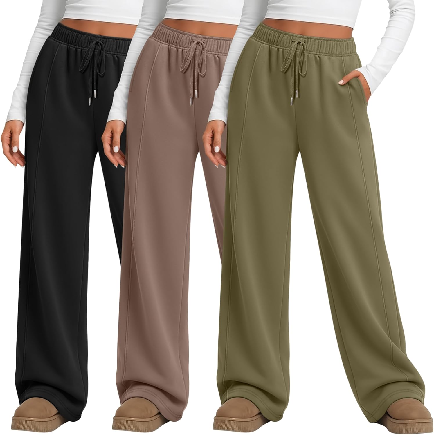 Huukeay 3 Pack Women's Wide Leg Sweatpants High Waisted Baggy Pants Casual Lounge Drawstring Athletic Joggers with Pockets(Black, Coffee, Matcha Green,Medium)