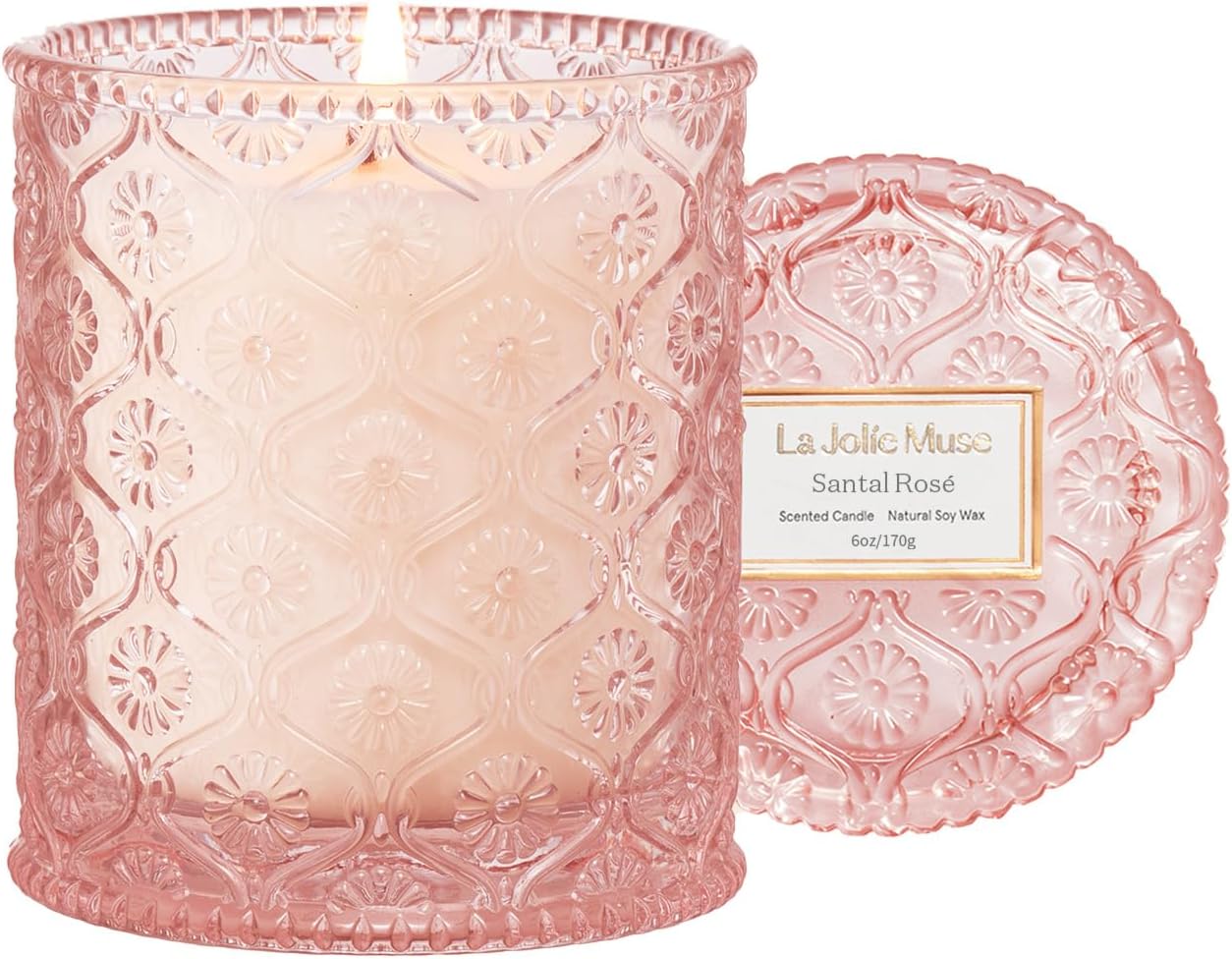 LA Jolie Muse Santal Rosé Scented Candle, Candles Gifts for Women, Rose Candle for Women, 6 oz 40 Hour Burn Time, Candles for Home Scented