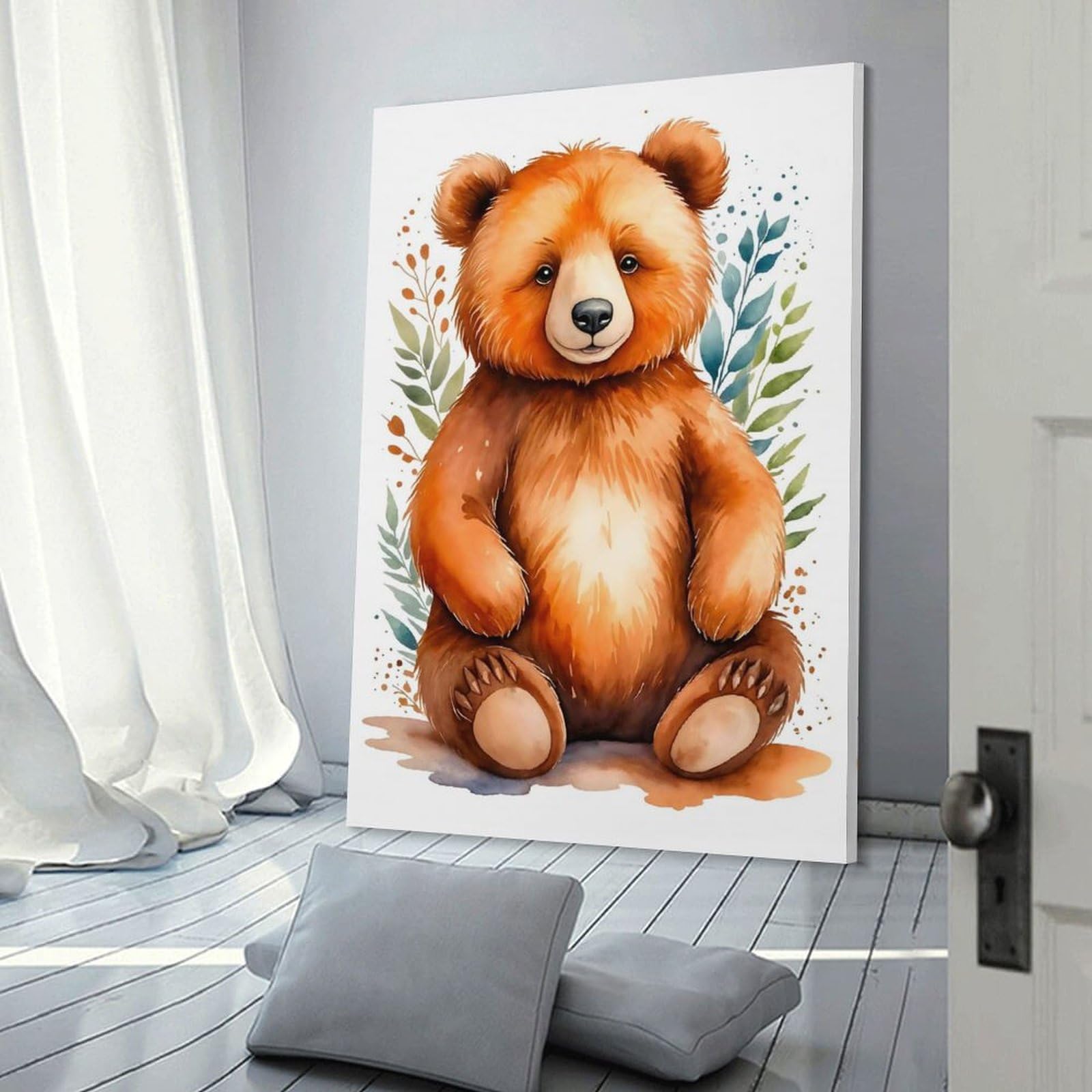 Junmoney Frame-Style-3 Decorative Wall Artwork Cute Watercolor Bear, 12X18inch(30X45cm), For Lounge, Bedroom Or Personal Spaces, Thoughtful Wall Decor For Art Lovers