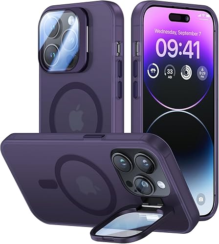 Miniatura 16 de Funda para iPhone 14 Pro de 6.1”, cubierta para cámara con soporte, protector de lente de cámara 9H, compatible con MagSafe, a prueba de golpes de