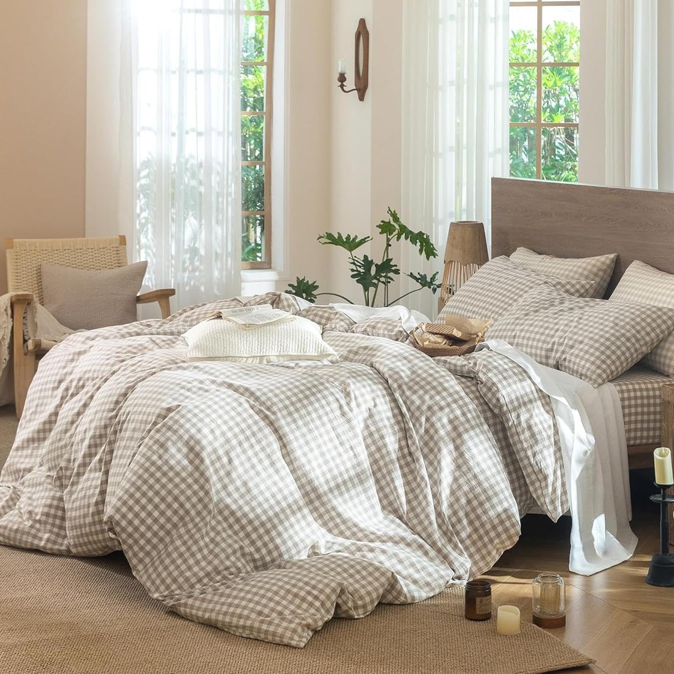 Lanqinglv Vichy - Funda nórdica de 220 x 240 cm, color caqui a cuadros, juego de cama para adultos, 2 personas, de microfibra clásica, fundas de edredón con cremallera y 2 fundas de almohada de 65 x