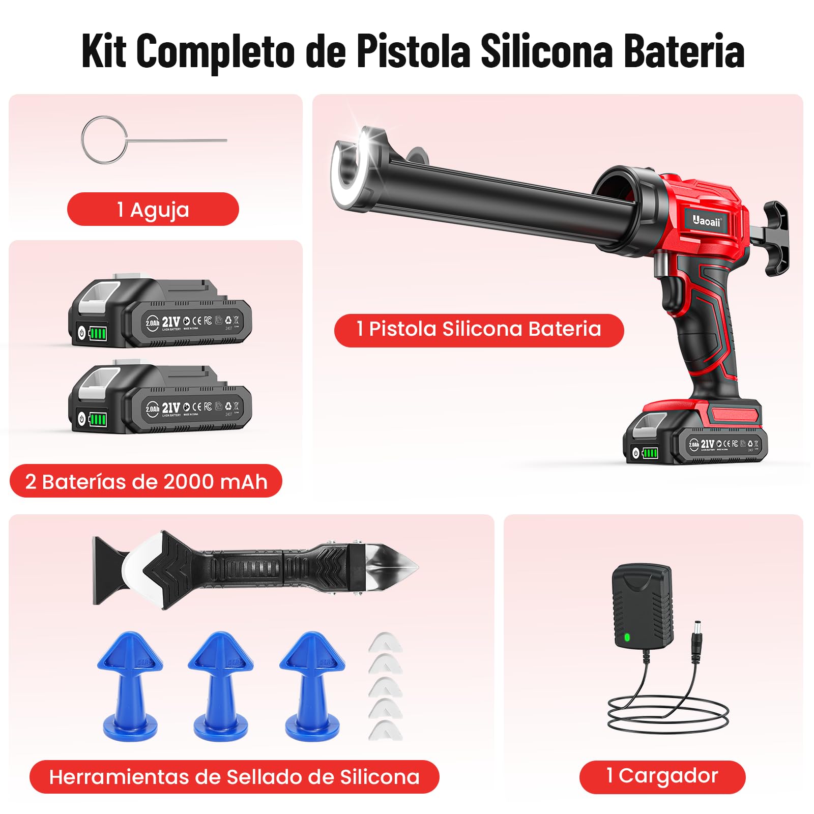 Pistola Silicona Bateria 18V, Velocidad Ajustable | Pistola Silicona Eléctrica con 2 Batería de 2.0Ah y Cargador, Ideal para Sellar, Rellenar, con Mecanismo Anti-Goteo
