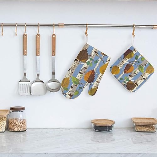 Miniatura 6 de Birch Leaves Oven Mitts and Pot Holders Set Kitchen Oven Glove Cooking Mitts with Hanging Loop Heat Resistant Potholder Set for Chef Baking Cooking