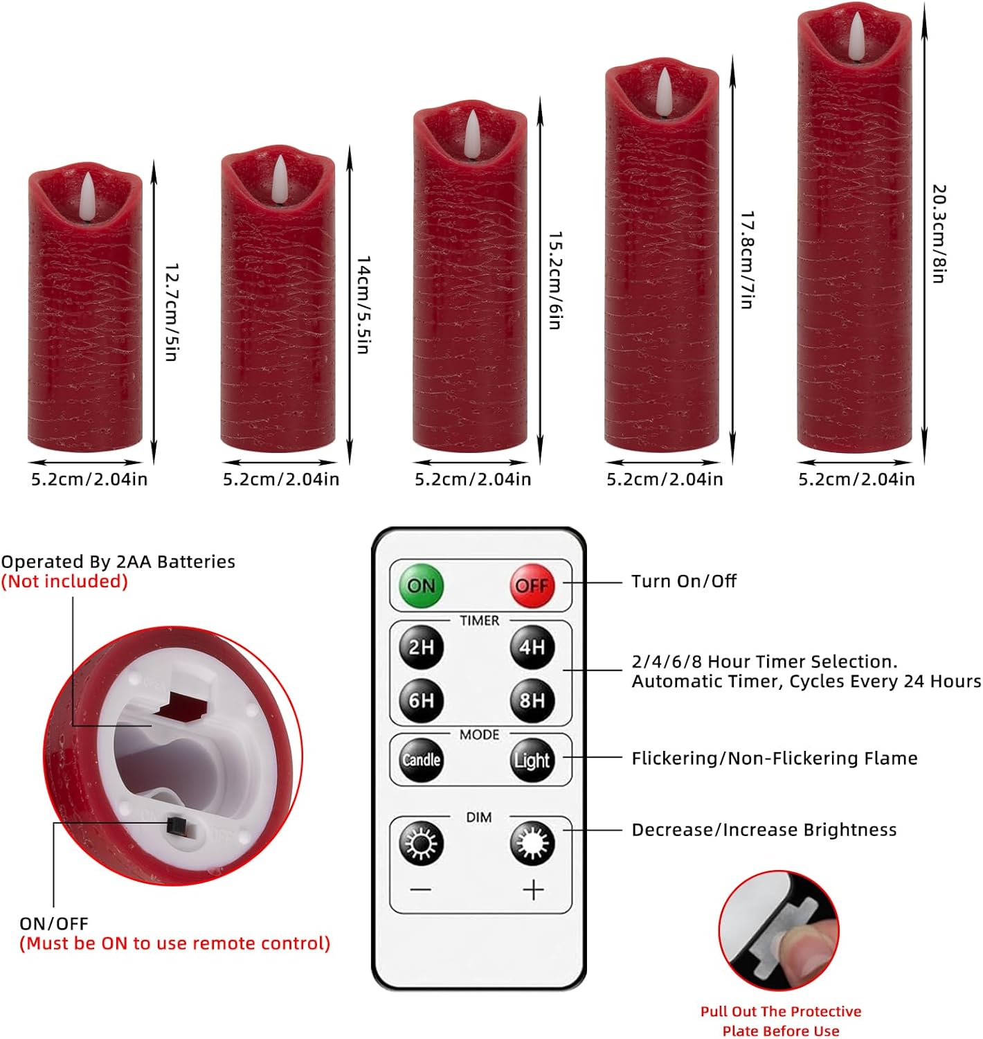LED Candles with Timer Remote Control, Battery Operate Flameless Real Wax Flickering Wick Candle, Wedding Dinner Holiday Decor Candle, Halloween Christmas Gift LED Candles (5 Pack, Red)