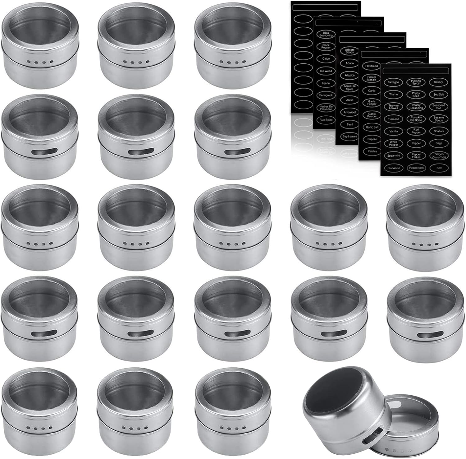 Bekith 20 Pack Stainless Steel Magnetic Spice Tins, Storage Spice Containers, Clear Top Lid with Sift and Pour, Magnetic on Refrigerator and Grill, 120 Spice Labels