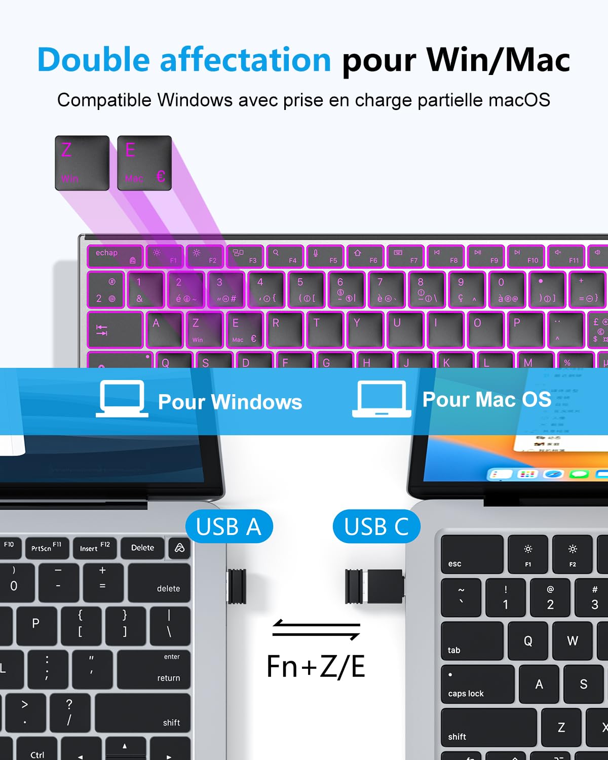 OMOTON Clavier sans Fil Métal, Bluetooth 2.4G Rétroéclairé Clavier, Rechargeable avec 2 Canaux Keyboard à Ciseaux AZERTY Français Ergonomique Silencieux pour PC/Mac/Windows (Noir)