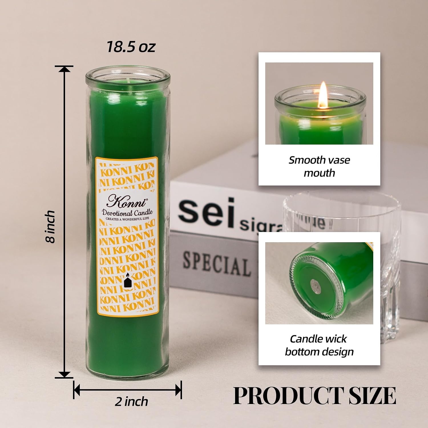 KONNI Pillar Candles in Glass Set of 3, 2x8 Inch Green Candle