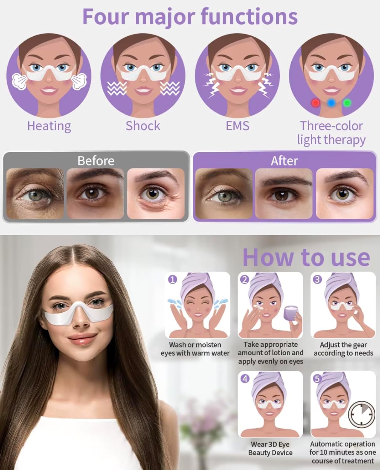 EMS Beauty SPA Under Eye Massager, Microcurrent Eye Care Device for Puffiness, Dark Circles and Fine Lines, Wireless Light Therapy Massager