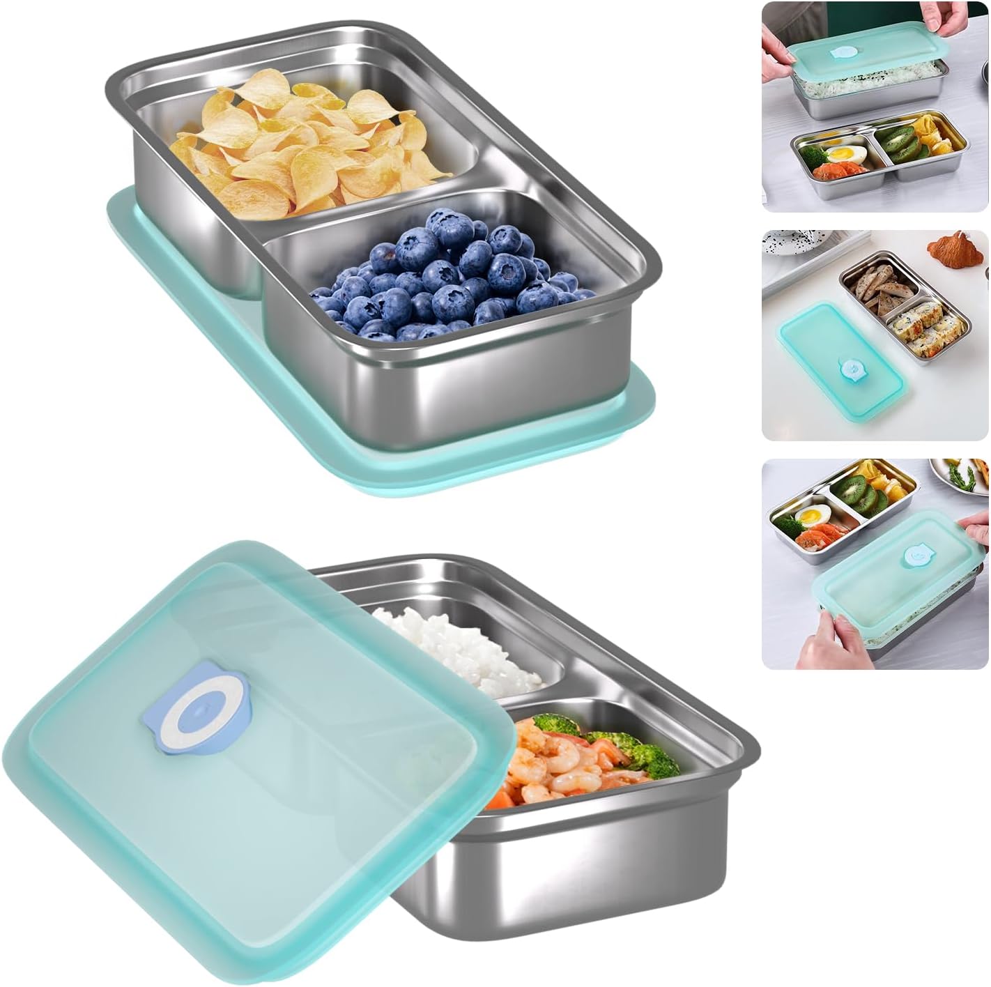 2 Pack Stainless Steel Snack Containers, Reusable Grab and Go Snack Containers, Food Storage Containers Double Compartment with Lids for Snack Lunch