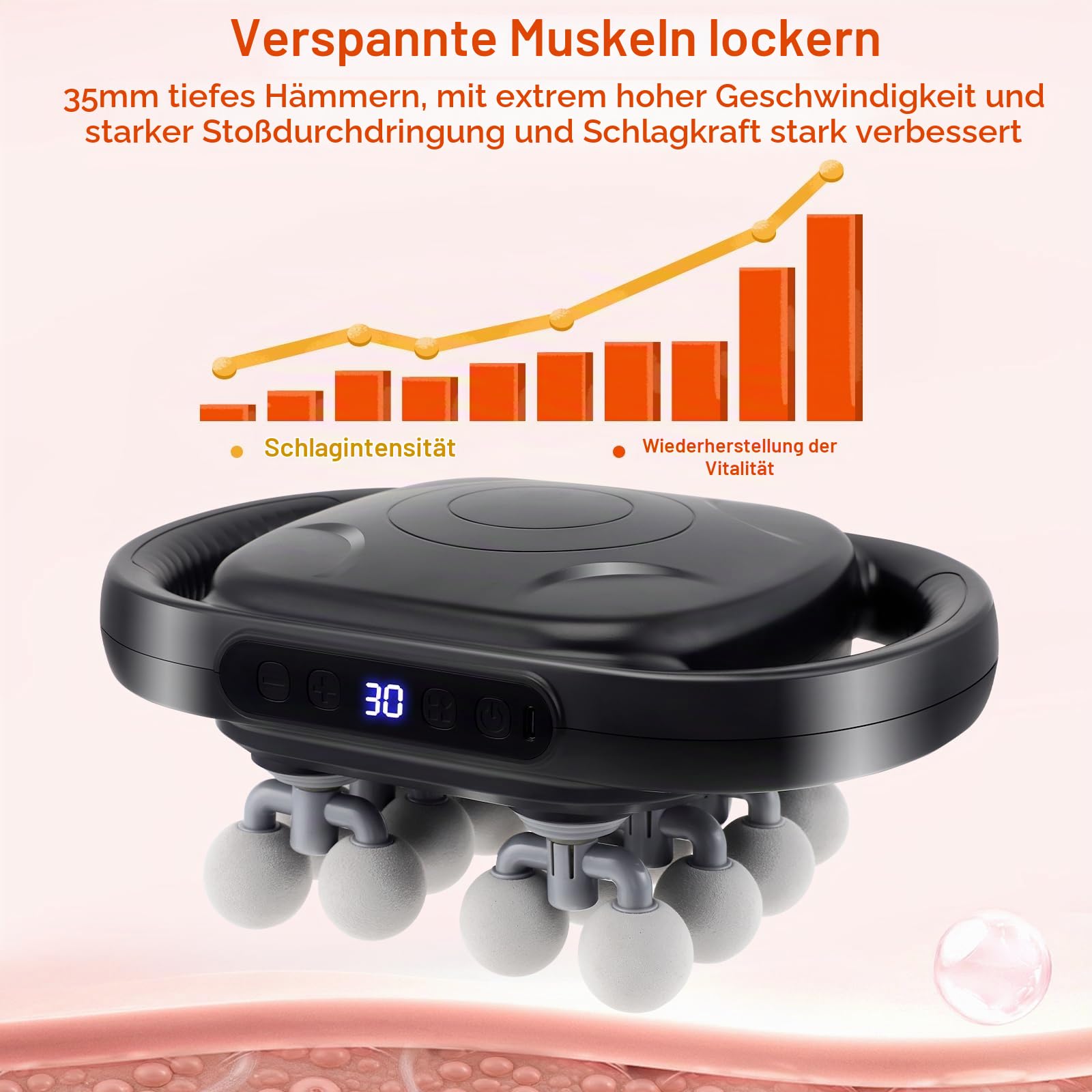 16 Köpfe Massagepistole für Muskelmassage mit 30 Stufen und 9 Modi, Nackenmassagegerät Leise mit Rotlicht, Elektrisches Massagegerät für Beine Arme Taille Rücken Gesäß Ganzkörper Muskelentspannung