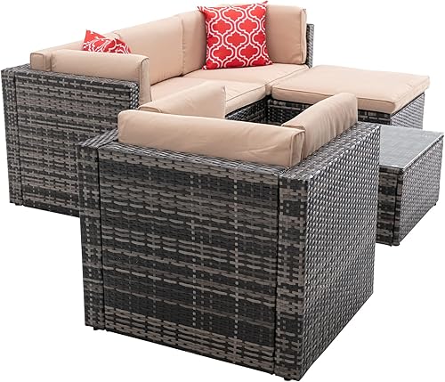 Miniatura 4 de HomSof Muebles de jardín al aire libre, muebles de mimbre de ratán de polietileno, juegos de sofás acolchados seccionales con 2 almohadas y mesa