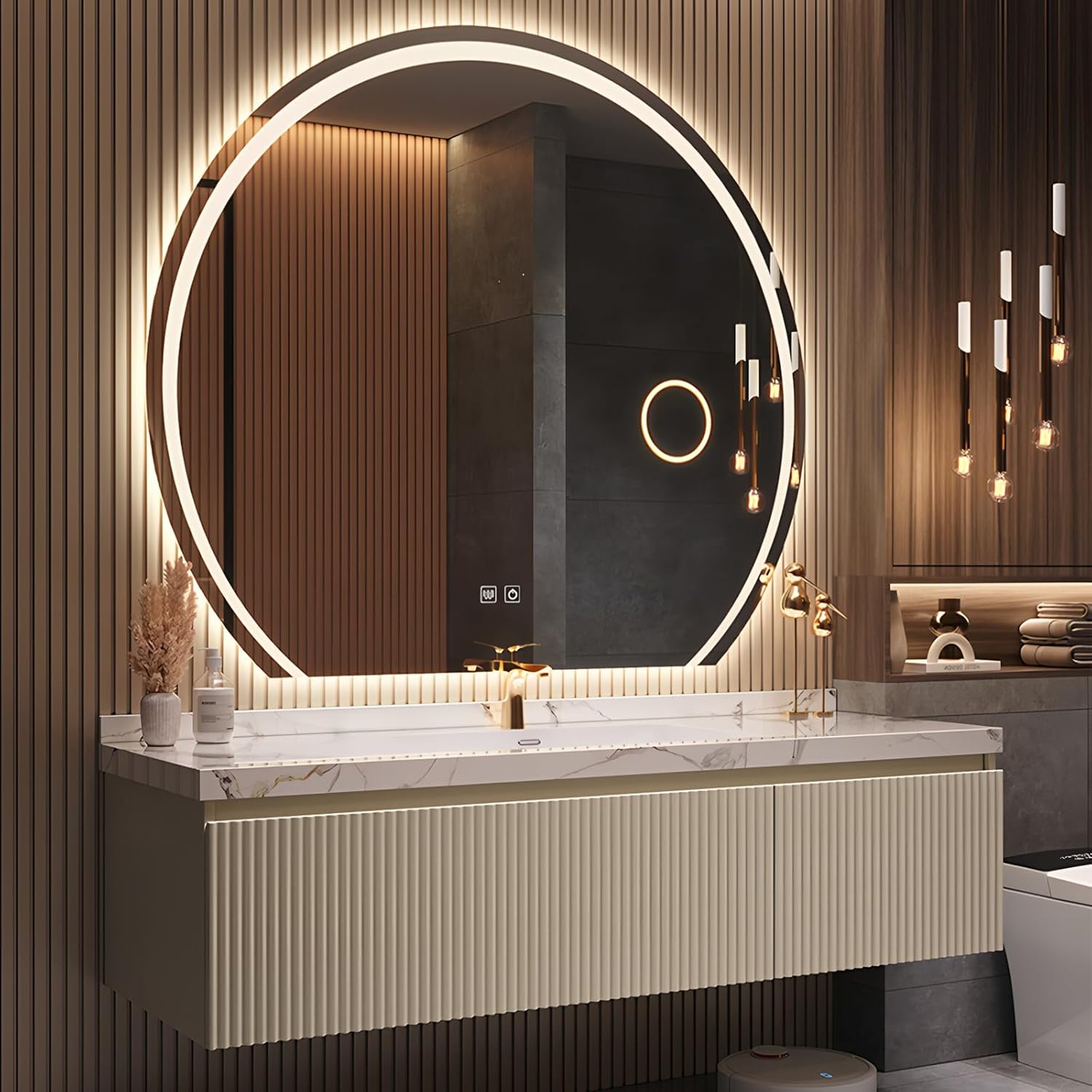 Floating Vanity for Bathroom, 40" Single Sink Bathroom Vanity with Rectangle Smart Defogging Mirror Set, Solid Wood Fluted Bath Sink Cabinet with Storage Drawer, Faucet Included