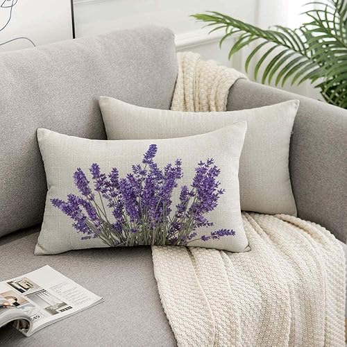 Miniatura 7 de TKS MITLAN Funda de cojín con diseño de flores de lavanda, funda de cojín de lino con flores moradas para sofá, cama, sofá, automóvil, 12 x 20