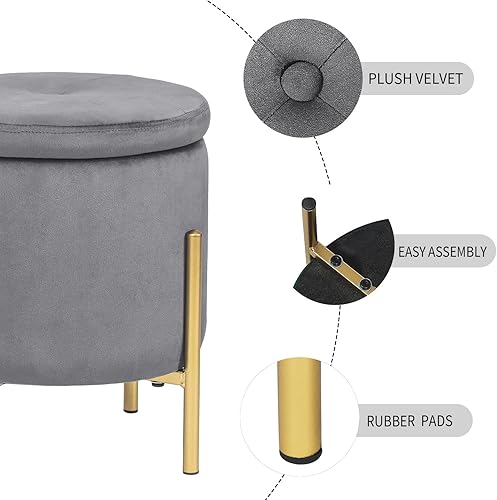 Miniatura 5 de Adeco Otomanas de almacenamiento redondas tapizadas, otomanas modernas de terciopelo gris con almacenamiento para sofá Gris oscuro,Gris