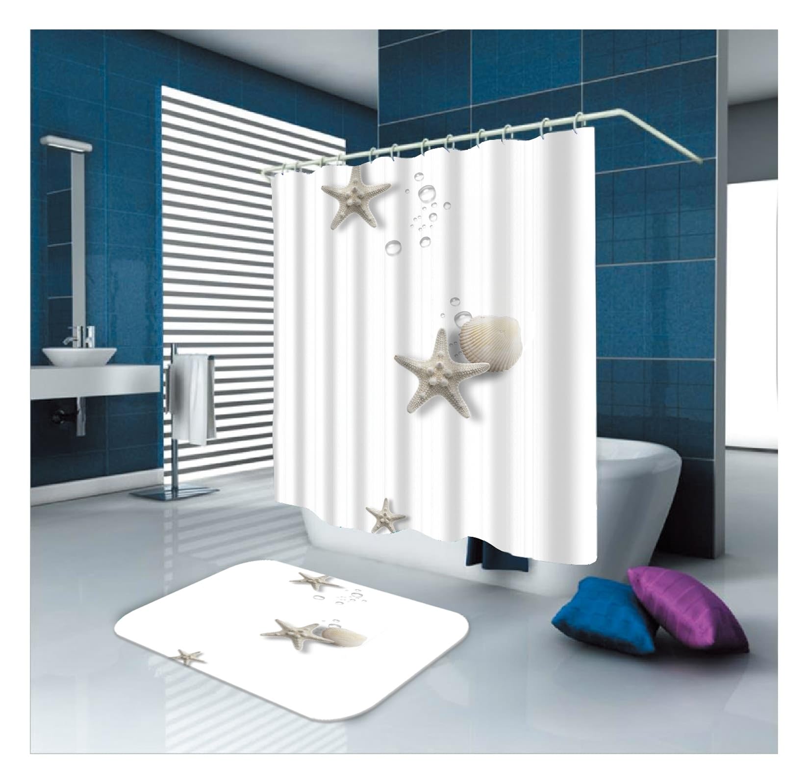 Cortina de ducha de 180 x 200 cm, textil blanco, diseño de estrellas de mar, resistente al agua, antimoho, cortina de baño de poliéster, lavable, cortina de baño, 1,8 x 2 m de largo, incluye