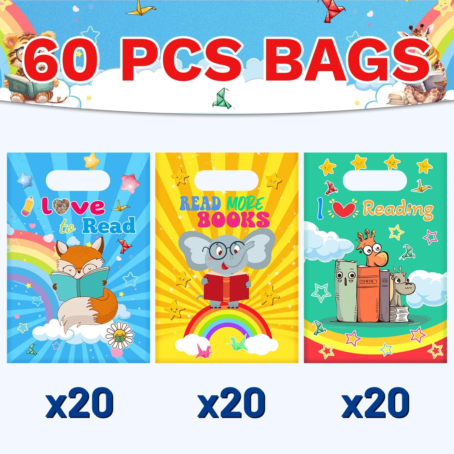60 PCS Reading Book Party Favors Bags Animal Bookish Reading Plastic Waterproof Goodie Bags Love to Read Treat Candy Gift Bags for Book Themed Birthday Party Decorations Supplies image 3