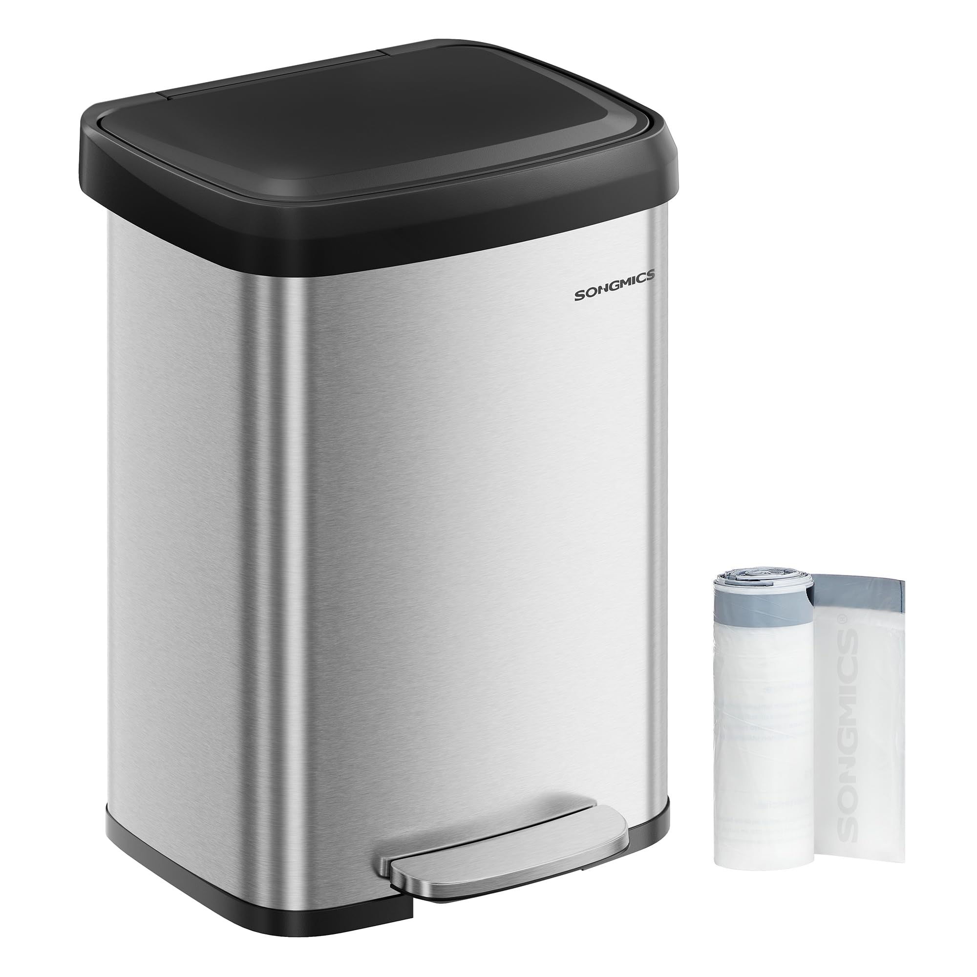 Songmics Silver + Black Kitchen Bin, 13 Gallon (50 L) Rubbish Bin, Metal Waste Pedal Bin With Lid, Tall And Large, Silver And Black Ltb530e50