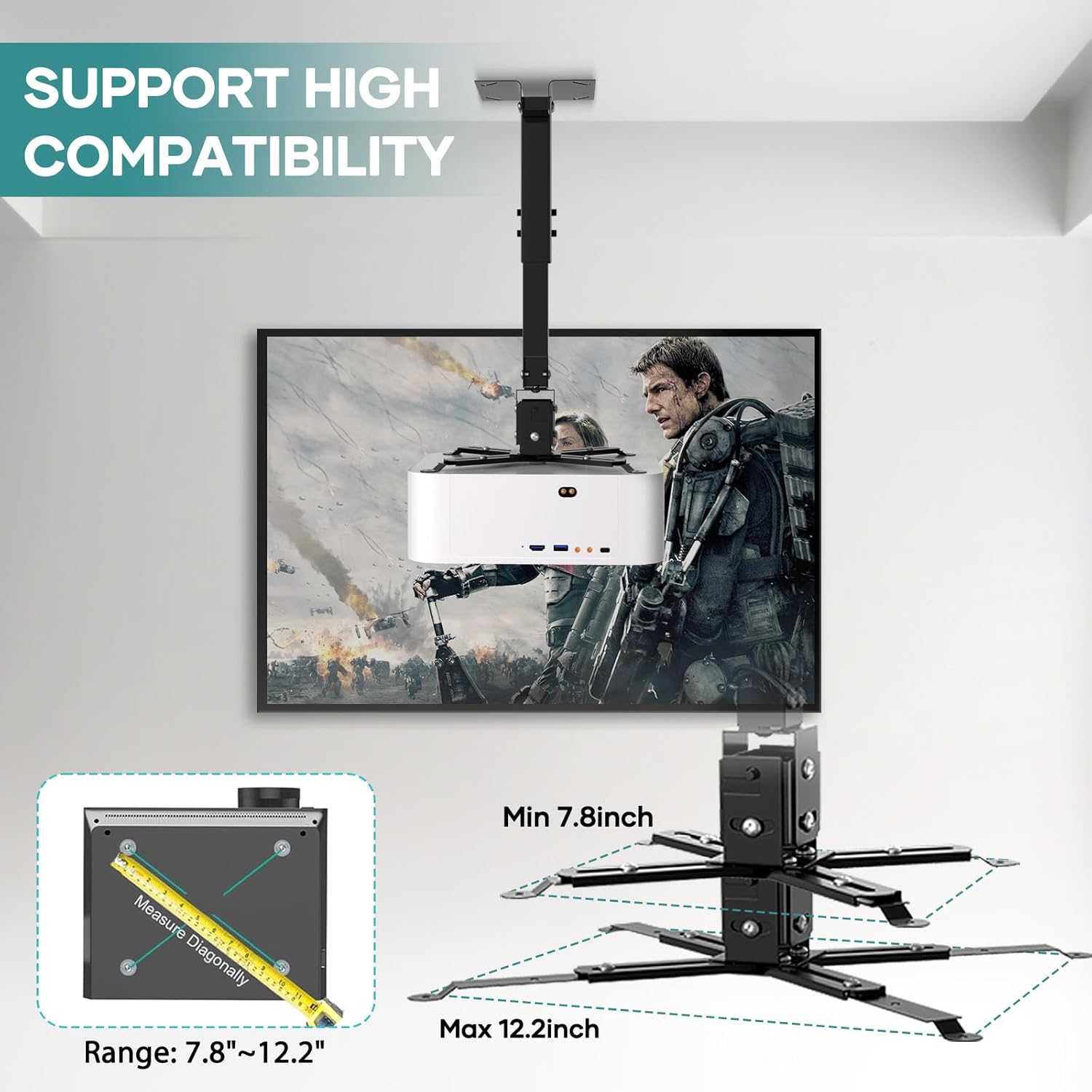 Projector Ceiling Mount with Extension Pole, Wall Projector Mount Height Adjustable, 3-in-1 Bracket for Most Projectors,Video, 44lb, Home & Office Installation (Black)